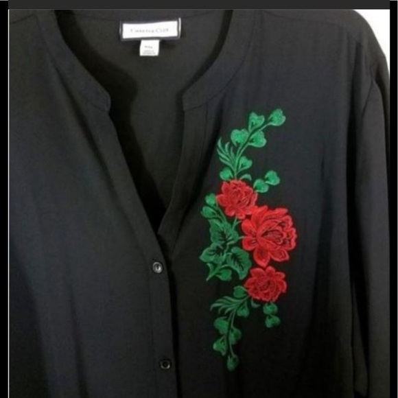 Charter Club  size XXL  black button down blouse with rose appliqué, bell sleeve - Picture 4 of 5